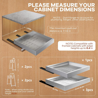 Seinloes 2Pack Expandable Pull Out Cabinet Organizer 21"Deep With Raising Pad for Framed Cabinets, Upgrade 3 Slide Rails Slide Out Drawers, Roll Out Shelves Adhesive,Adjustable Width 12.05"-20.4"White