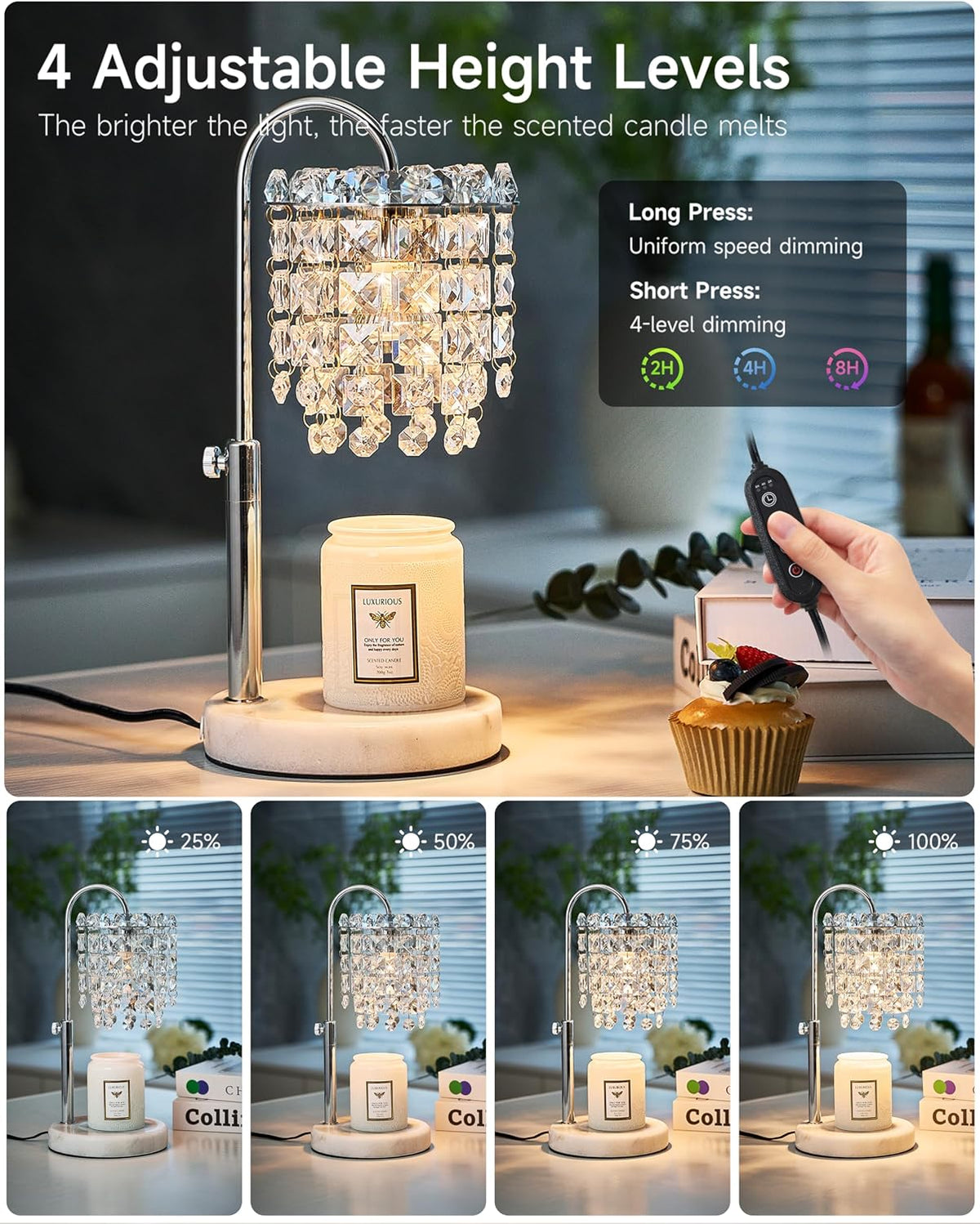 Candle Warmer Lamp with Timer Dimmer Adjustable Height Candle Warmer with Marble Base for Jar Candles,Candle Lamp with 3 Bulbs for New Home Decor, Women Mom Christmas Birthday Gifts, French Gold