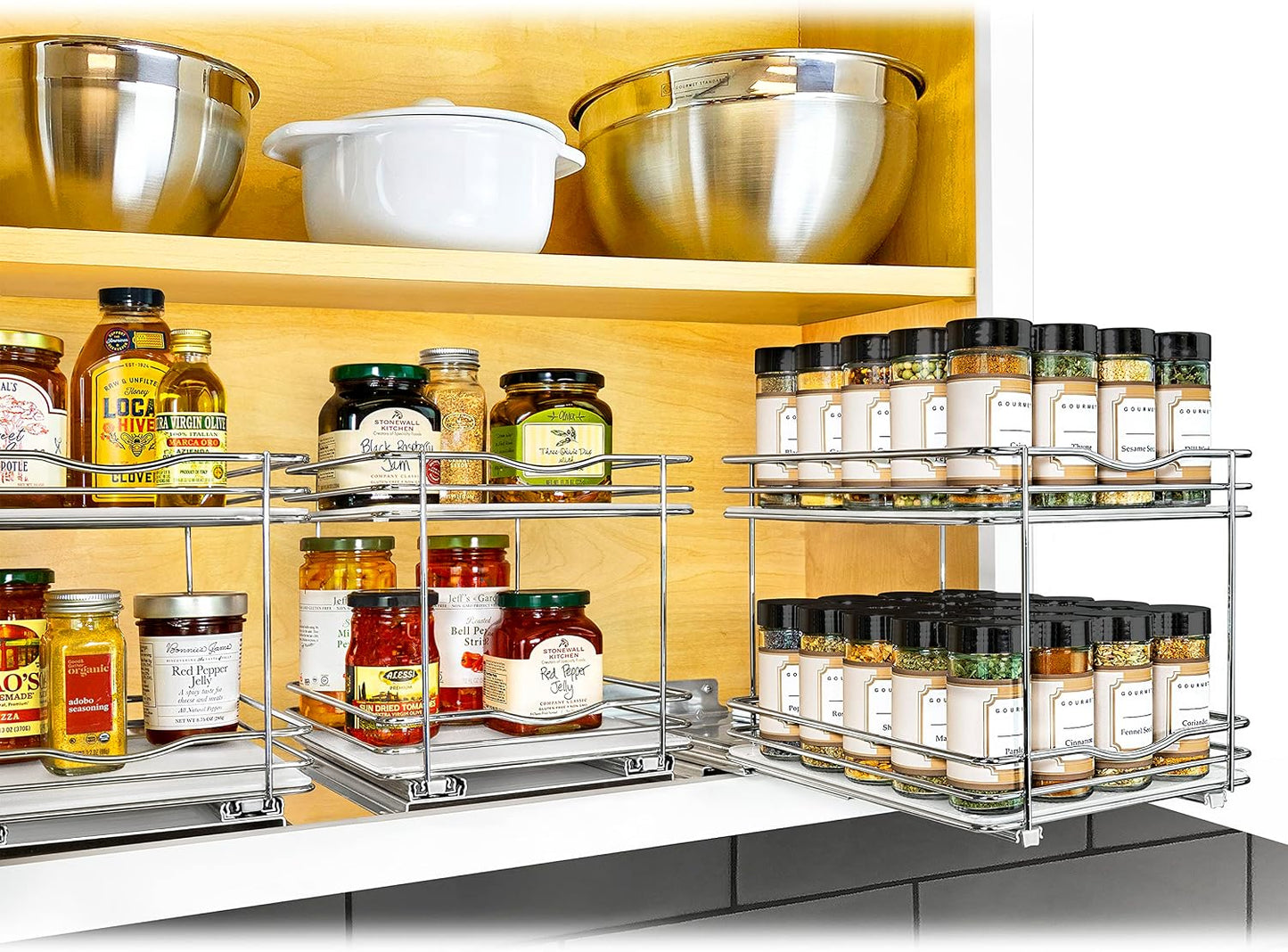 LYNK PROFESSIONAL® Pull Out Spice Organization for Cabinets - 4-3/8 inch Wide – Spice Rack for Inside Cabinets, Slide Out Spice Rack Organizer for cabinet – Pull Out Spice Rack, Sliding 2 Tier Chrome