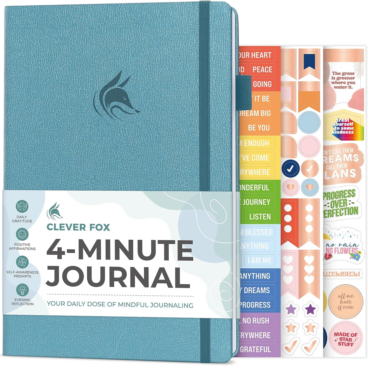 Clever Fox 4 Minute Journal, Guided Daily Habit Tracker Aquamarine | 5.8”x8.3” Motivational mental health notebook with positive prompts, Simple journaling for women, men, teens, boy & girls