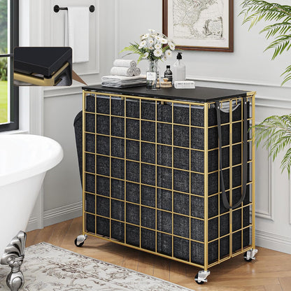 90L Laundry Basket with Wheels, Large Capacity Laundry Hamper with Removable Liner Bags, Heavy Duty Laundry Sorter with Solid Wood Lid & Leather Handles, Grey