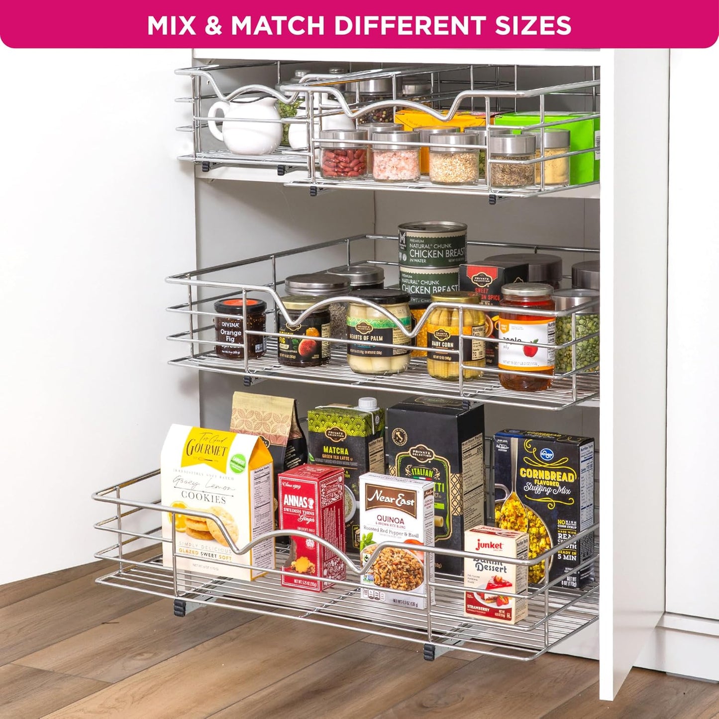 HOLDN’ STORAGE Pull Out Cabinet Organizer, Pantry Drawer, 14"W x 21"D x 5"H | Heavy-Duty Full-Extension, Roll Out Shelf for Pots, Pans & Under Sink Storage, Chrome, Require a 15.25"W Cabinet Opening