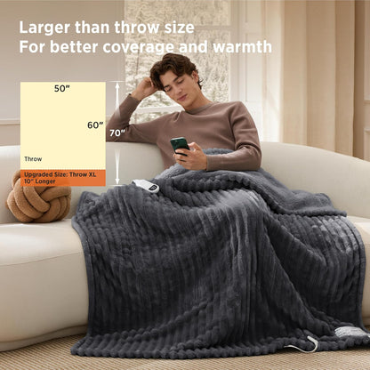 Bedsure Heated Blanket Electric Throw - Thick Striped Fast Heating Electric Blanket with Preheat Function, 6 Heat & 6 Timer (Up to 10H), 8H Auto Off, ETL Certified, Gifts for Women (50"x60", White)