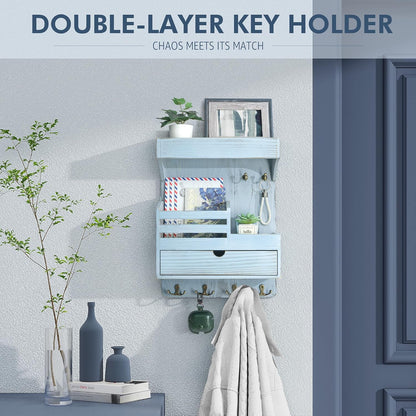 Rebee Vision Key Holder Wall Mount with Drawer Organizer for Entryway,Brown | Pine Wood, 6 Key Hooks, Display Shelf for Plants, Mail Slot for Storage Letter, Multi-Funtional Design, Home Storage