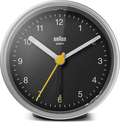 Braun Classic Analogue Alarm Clock with Snooze and Light, Quiet Quartz Movement, Crescendo Beep Alarm in White, Model BC12W.