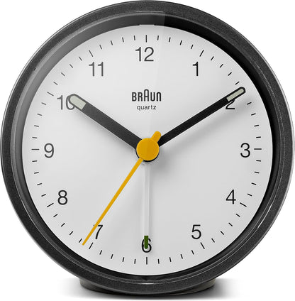 Braun Classic Analogue Alarm Clock with Snooze and Light, Quiet Quartz Movement, Crescendo Beep Alarm in White, Model BC12W.