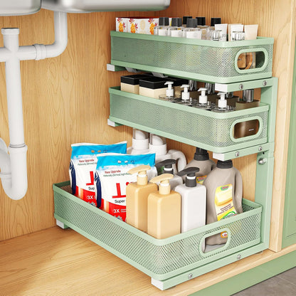 Kitstorack Under Sink Organizer, 2-Pack 3-Tier Height Adjustable Thickened Metal Pull out Cabinet Organizer Shelf, Slide out Storage Drawer Rack for Bathroom Kitchen Pantry Home Laundry Organization
