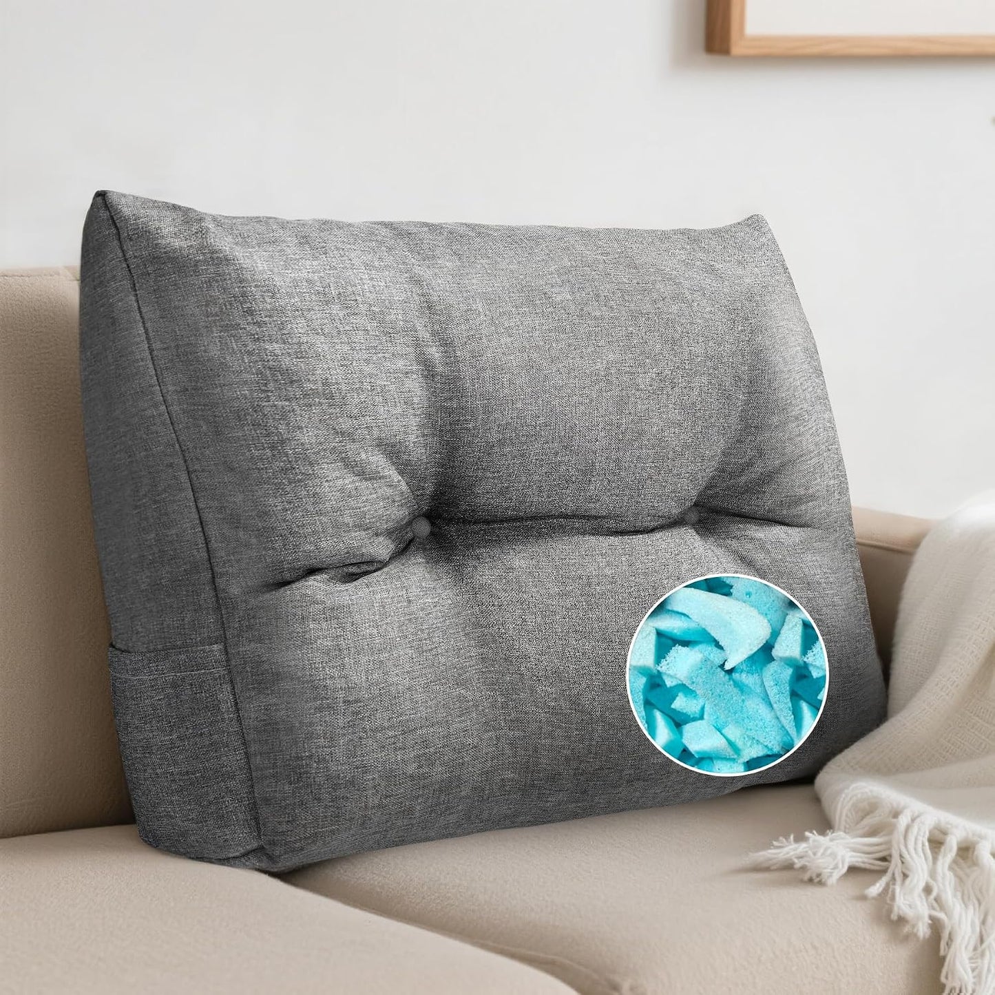 Back Cushion for Couch Wedge Lumbar Support Backrest Pillow with Shredded Foam Filled and Side Pocket Sofa Back Cushions for Sitting & Reading, 23.6×19.6×5.1Inch