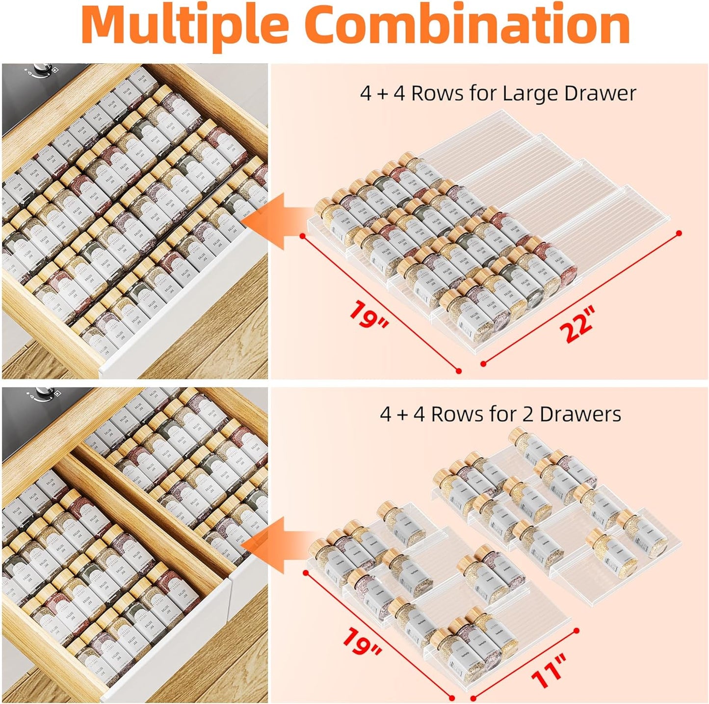 MUDEELA Clear Spice Drawer Organizer, 4 Tier- 2 Set (8 Packs) Spice Rack for Drawer, Expandable From 11" to 22" Kitchen Seasoning Organizers and Storage for Drawer (Jars not included)