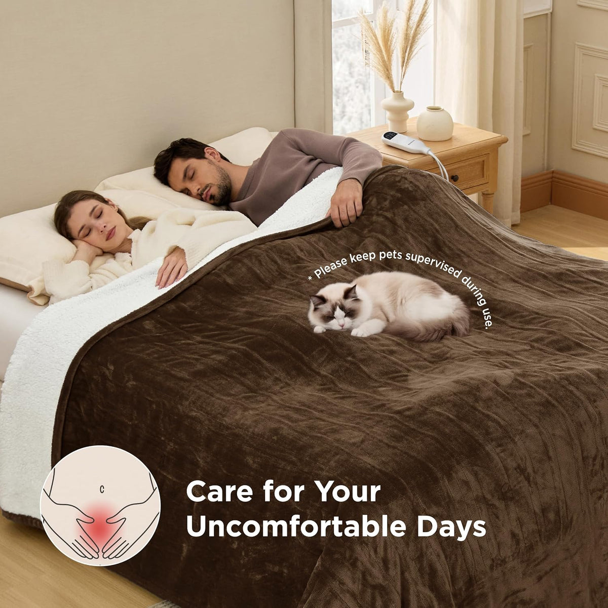 Bedsure Heated Blanket Throw, Soft Electric Blanket with Preheat, Cream