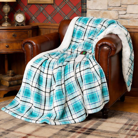Heated Electric Blanket, Red Christmas Sherpa Plaid Throw Blanket | 8 Hours Auto Off/8 Heats Levels, Soft with ETL Certification, Gifts for Adults Keep Warm in Home