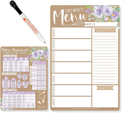 Hadley Designs Weekly Meal Planner for Fridge - Dinner Menu Board for Kitchen, Kraft Weekly Menu Board Dry Erase, Dry Erase Meal Planner for Fridge, Grocery List for Fridges with Conversion Chart