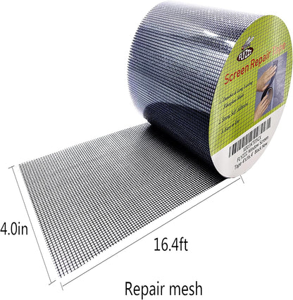 FLYZZZ Window Screen Repair Kit Tape Extra Wide 4''x16.4' Black Adhesive & Waterproof 3-Layer Fiberglass fix for Screen Door and Window Screen