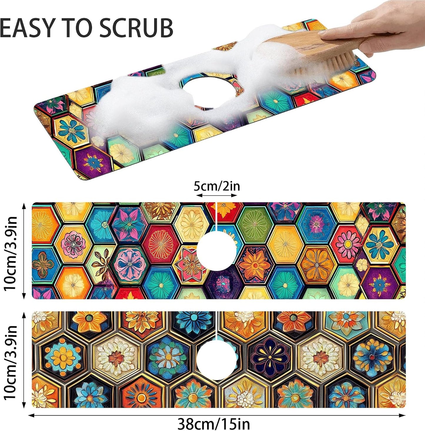 Bimkole 2 PCS Faucet Absorbent Mat, Kitchen Faucet Sink Splash Guard Wraparound Cloth Pads Drip Catcher for Sink Faucet for Kitchen Bathroom Faucet, Colorful Faucet Mat, 15 x 4 Inch Flower A6