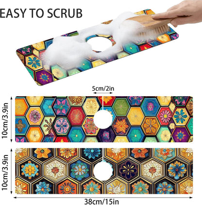 Bimkole 2 PCS Faucet Absorbent Mat, Kitchen Faucet Sink Splash Guard Wraparound Cloth Pads Drip Catcher for Sink Faucet for Kitchen Bathroom Faucet, Colorful Faucet Mat, 15 x 4 Inch Flower A6