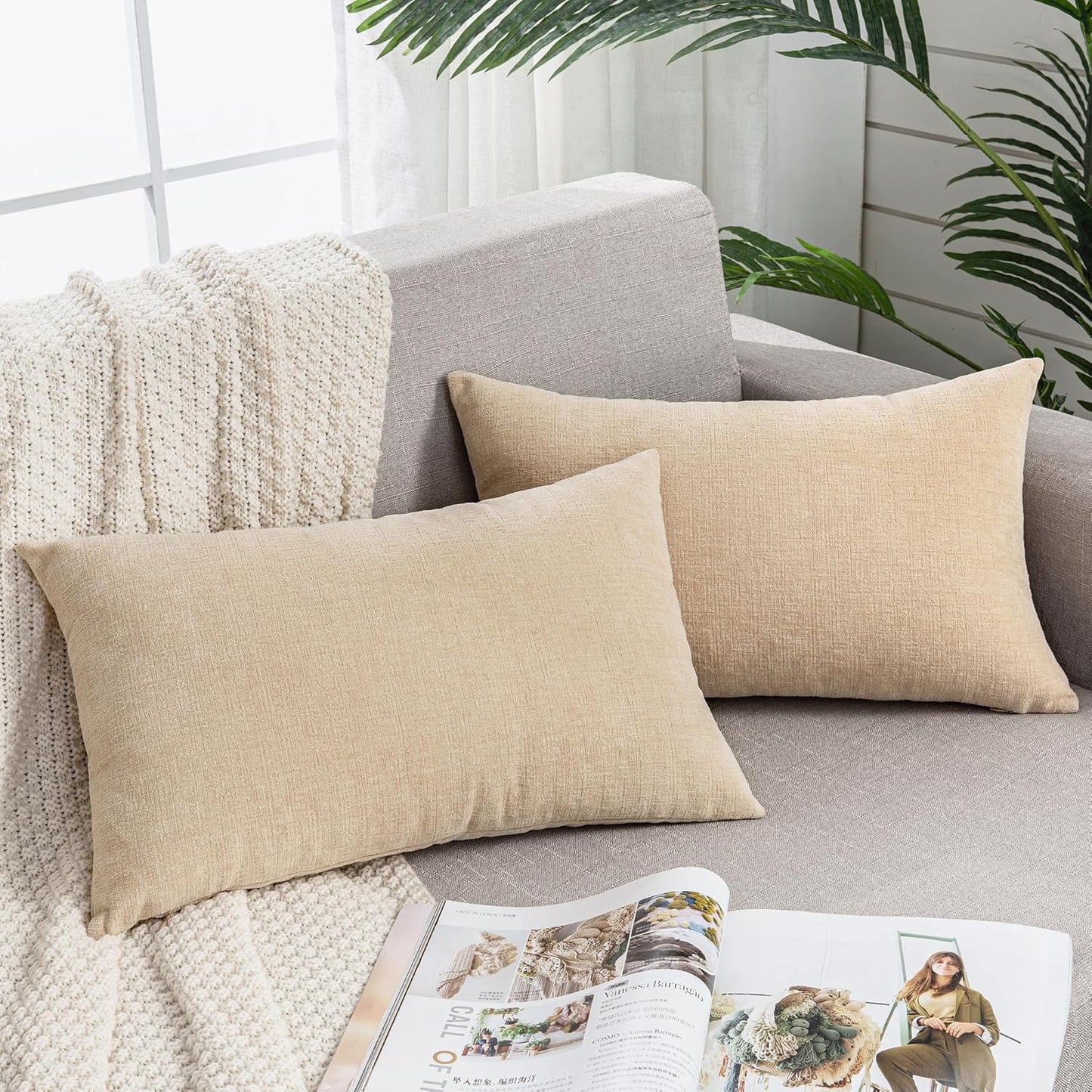 GAWAMAY Lumbar Support Pillow Decorative Rectangle Throw Pillow Covers 12"x20" Inch Set of 2, Soft Chenille Fall Pillowcase for Living Room Bedroom Sofa Couch Cushion Cover Grey 30x50cm (No Insert)