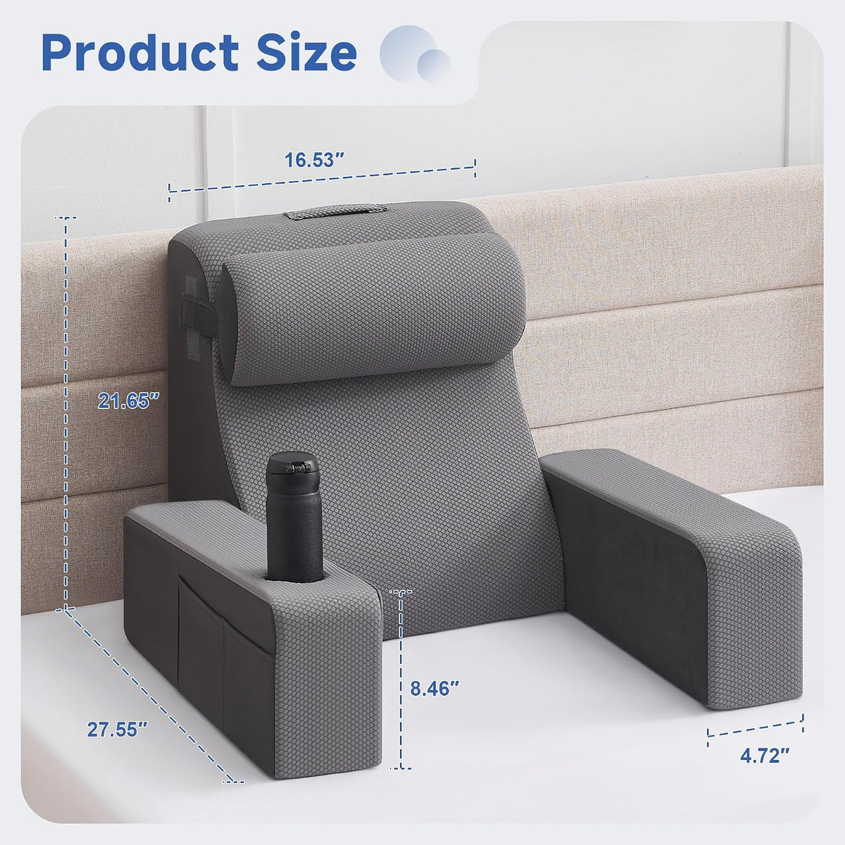 Reading Pillow for Sitting in Bed Adult, Back Pillow for Bed Sitting up with Arms, Pockets and Cup holder, Sit Up Backrest Pillows for Beds Chair Support, Rest Pillow for Gaming (Light gray)