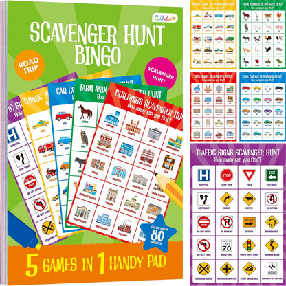 Road Trip Game Pad, 80 Perforated Sheets Travel Activity Pad, 5 Games in 1 Pad, Plane, Car Trip Activity, Pen Pencil & Paper Game for Kids, Adults (6” x 9”)