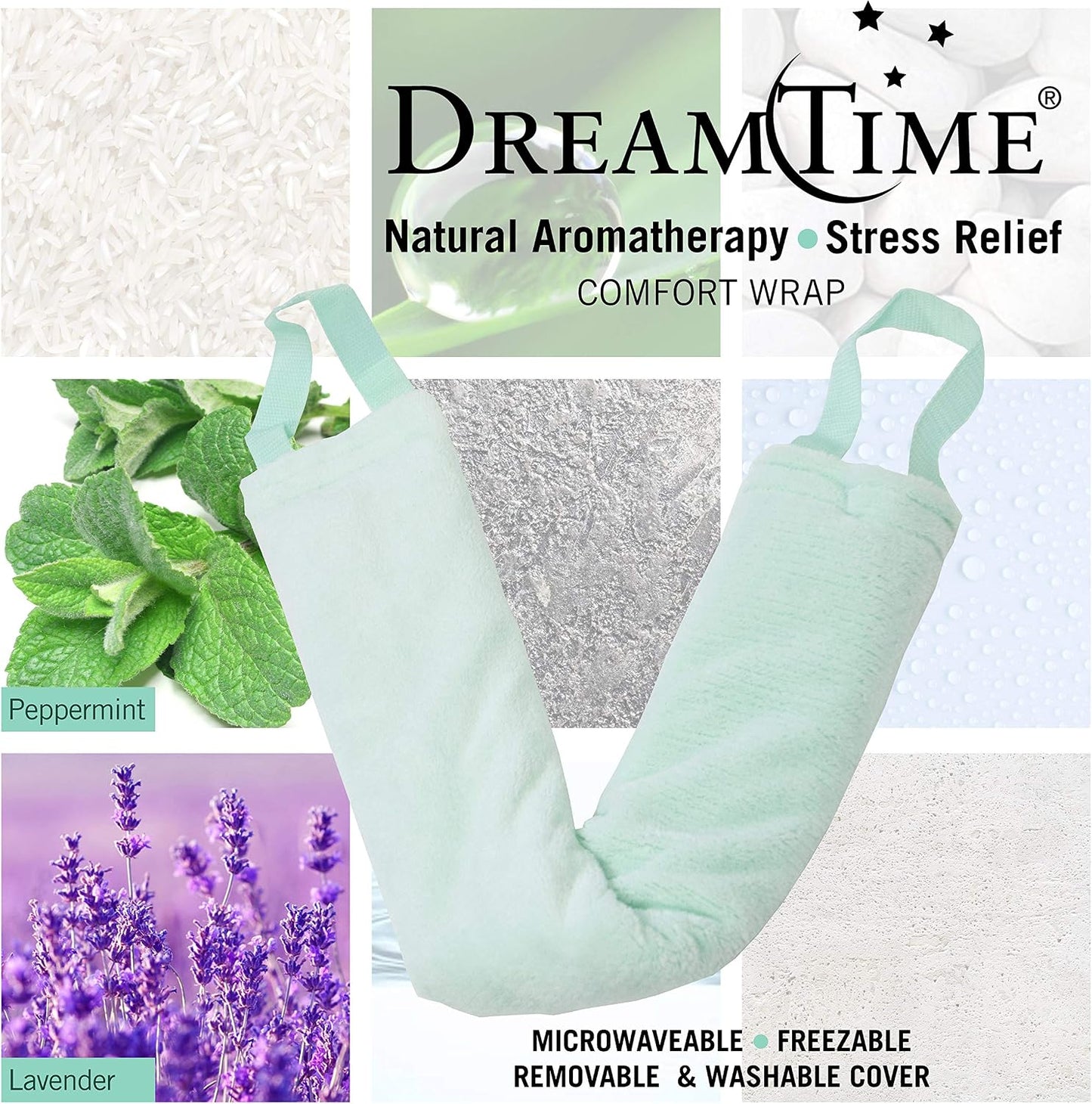 DreamTime Spa Comforts Microwaveable Hot or Cold Neck Shoulder Wrap with Aromatherapy, Lavender and Peppermint Herbal Stress Relief, Green/Brown, Blue Affirmations Print | Microwaveable Heating Pad for Shoulders and Neck, Freeze to Soothe Pain, Soft