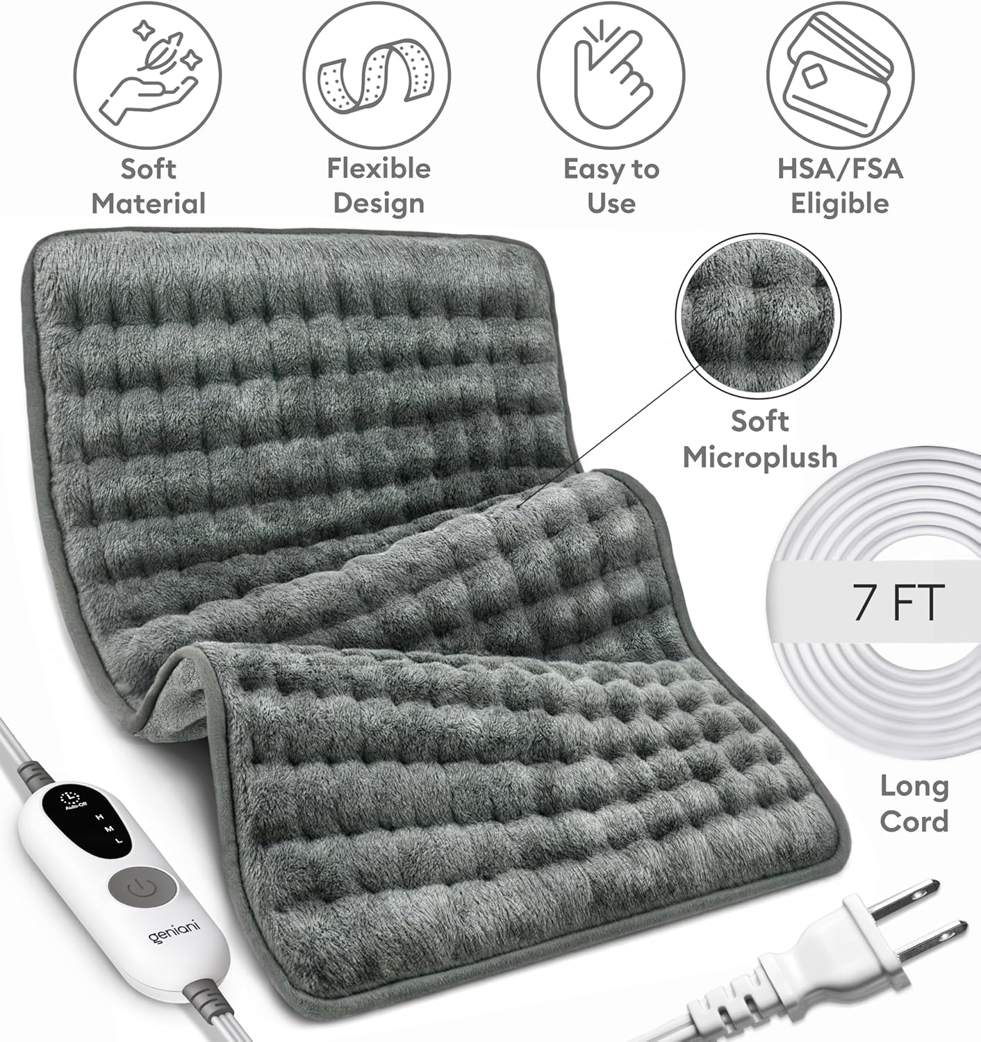GENIANI Back Pain & Relaxation Gifts for Women – Electric Heating Pad for Back, Neck & Shoulders, Soft Microplush Electric Throw Heating Pad for Period Comfort, Fast Heating, Auto Shut Off, 12"x24"