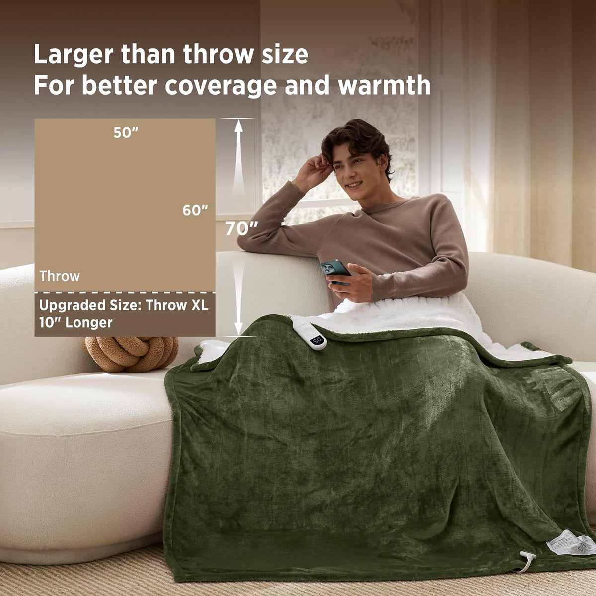 Bedsure Heated Blanket Throw, Soft Electric Blanket with Preheat, Cream