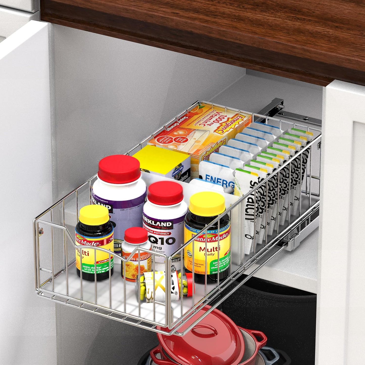 Simple Houseware Pull-Out Cabinet Sliding Basket, 17.2Dx9.7Wx5H, Chrome | Ideal for Kitchen and Bathroom Cabinet Storage Organizer, Under Sink or Pantry Organization