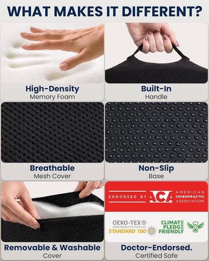 5 STARS UNITED Seat Cushion - Memory Foam Chair Cushion for Tailbone Pain Relief - Ergonomic Support for Coccyx, Sciatica & Butt - Office, Desk & Gaming Chair, Car Seat, Wheelchair, Airplane, Black