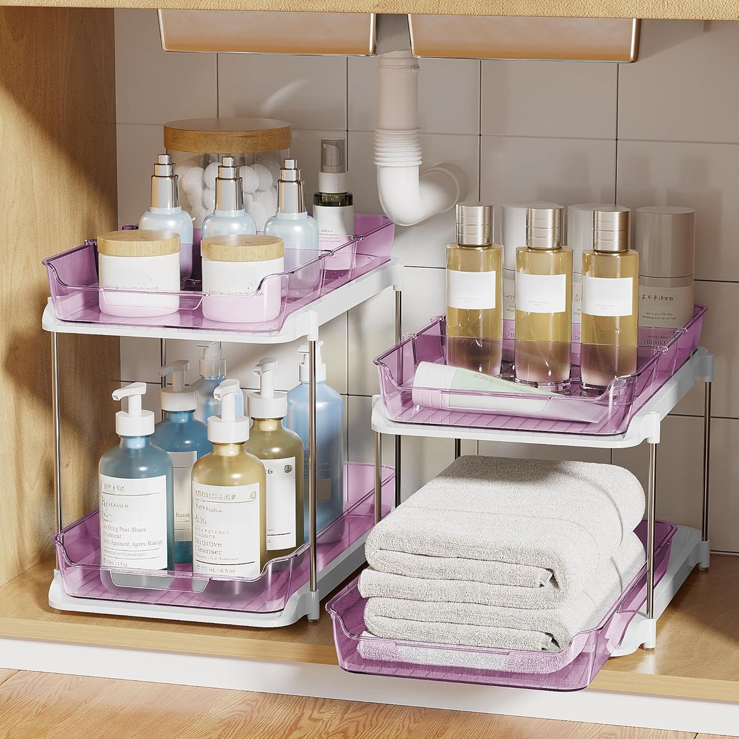 Delamu 2-Tier Multi-Purpose Bathroom Under Sink Organizers and Storage, Stackable Kitchen Pantry Organization, Pull Out Medicine Cabinet Organizer with Movable Dividers, White, 2 Pack