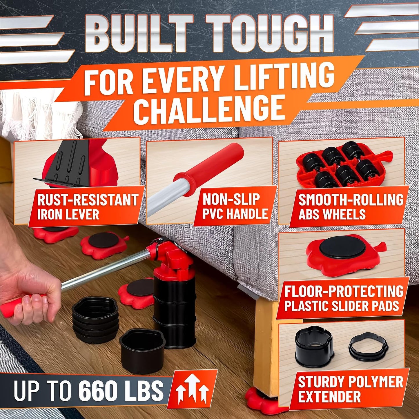 660 lb Furniture Movers with Wheels for Heavy Items (Red) | Heavy Duty Furniture Lifter Tool with 4 Sliders & 13" Lever for Hardwood, Tile & Laminate; Move Sofas, Beds & Refrigerators
