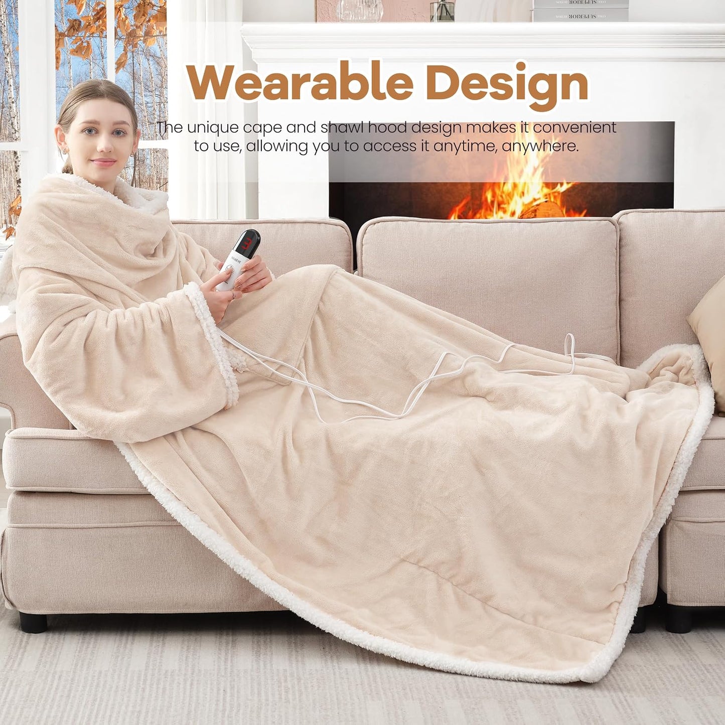 MAXEVE Heated Wearable Blanket with Foot Pocket & Sleeves Electric Snuggle | Heating Throw, 6 Levels & 4H Auto Shut Off, Machine Washable (Long, Grey)