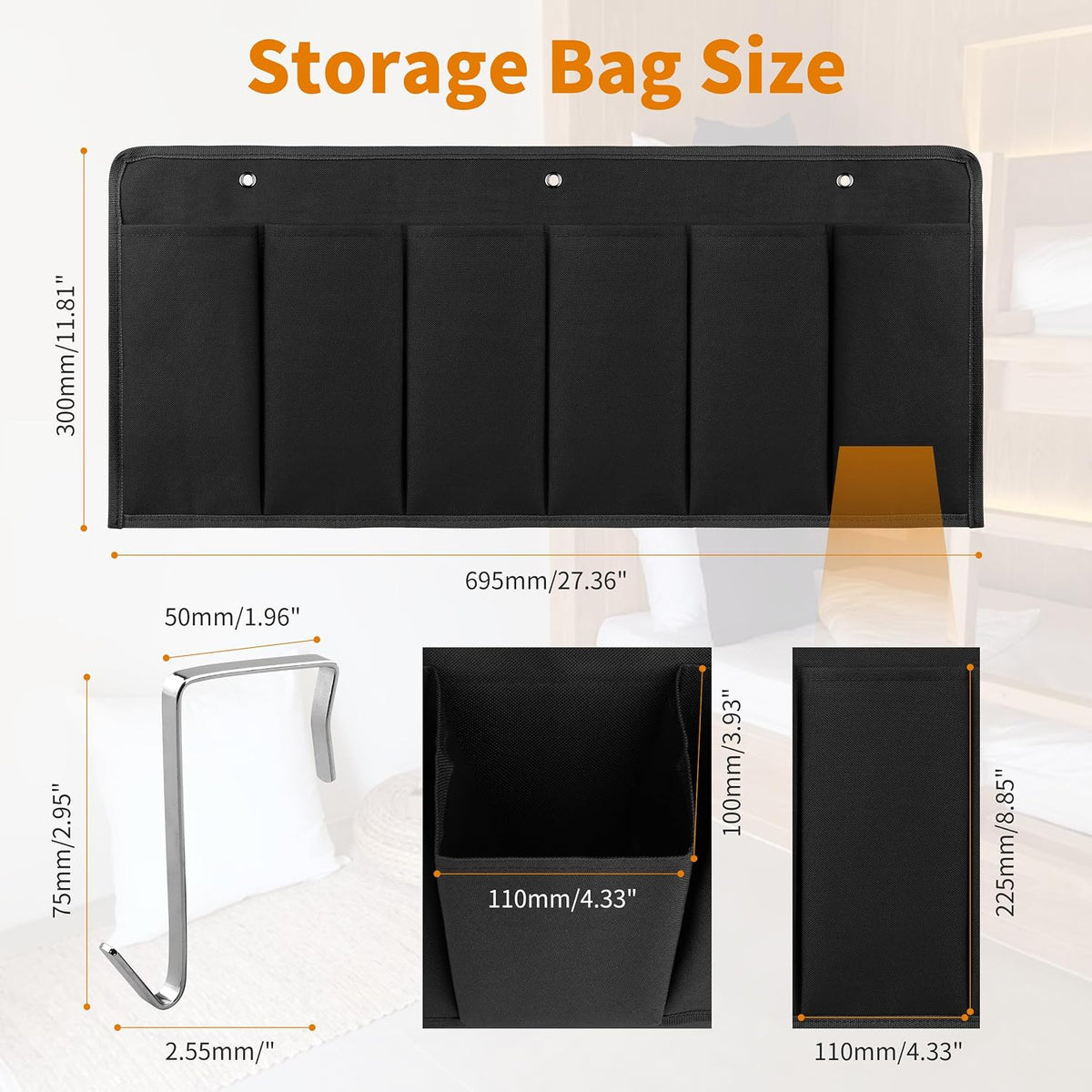 RVZONE 6‑Large‑Pocket RV Bedside Hanging Organizer with Sturdy Hooks