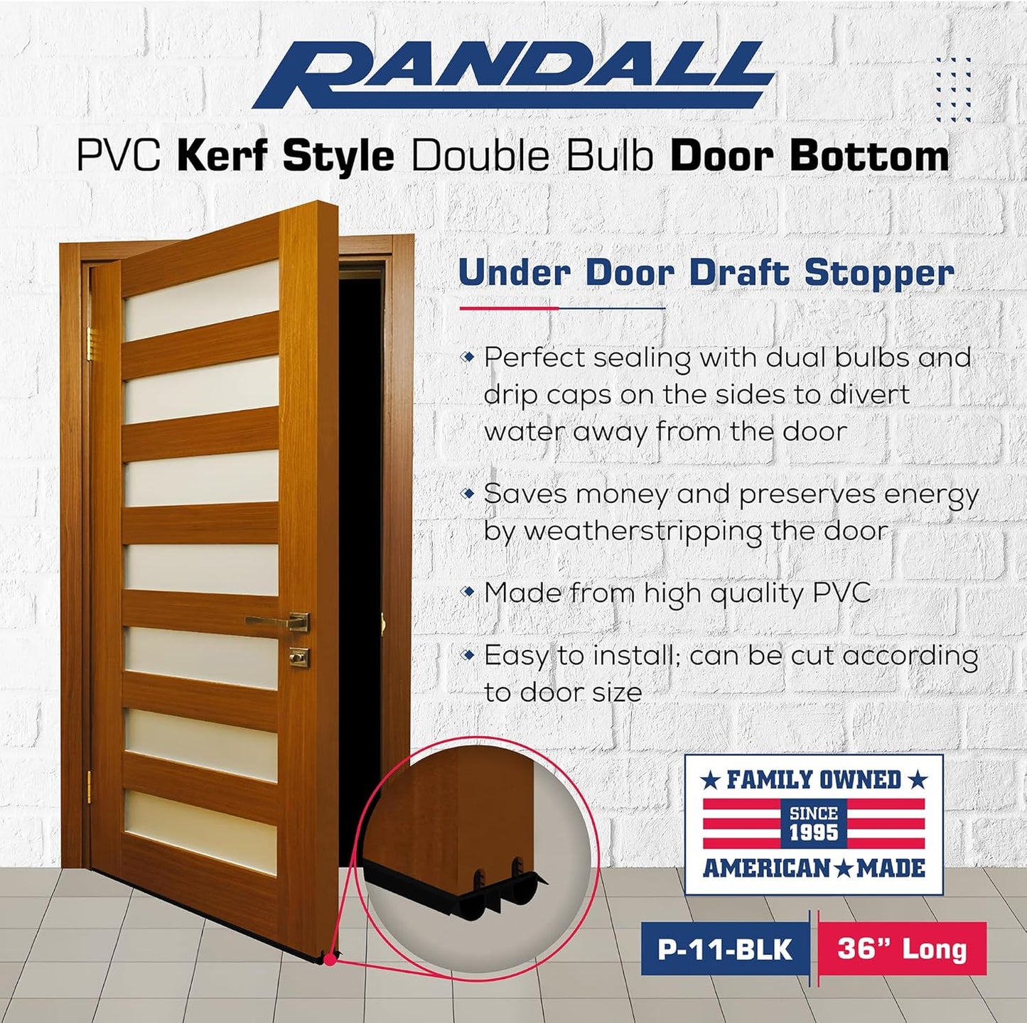 36" Kerf Slide-in Double Bulb Seal Weatherstrip Door Bottom – Durable Seal for Energy Efficiency & Draft Protection (Brown)