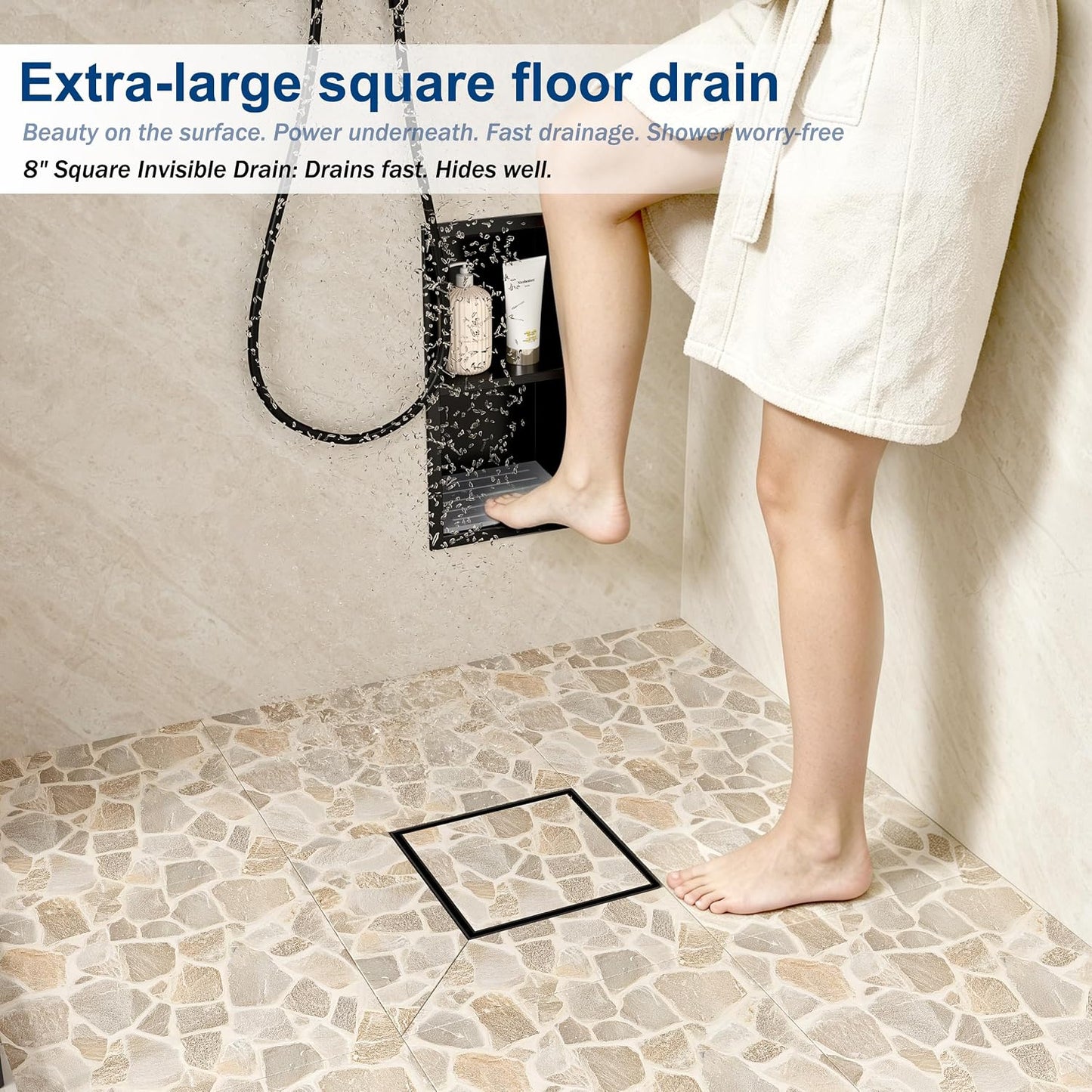Neodrain 4" Brushed Square Shower Drain with Removable Tile Insert Grate | 304 Stainless Steel Tile Square Drain, Hidden Drain,Easy to Clean, Waterproof & Sturdy Shower Drain, CUPC Certified
