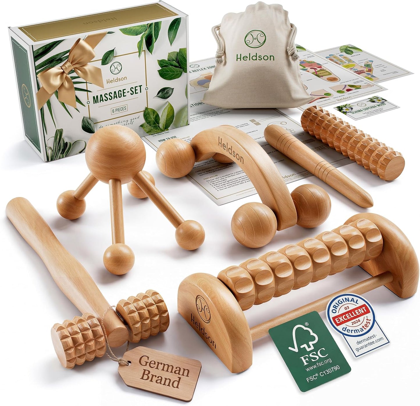 Wooden Massage Set 6 Pcs – Wood Therapy & Trigger Point Tools | Dermatest "excellent", FSC 100% wood, foot roller, back & body massager, incl. reflexology charts & cotton bag