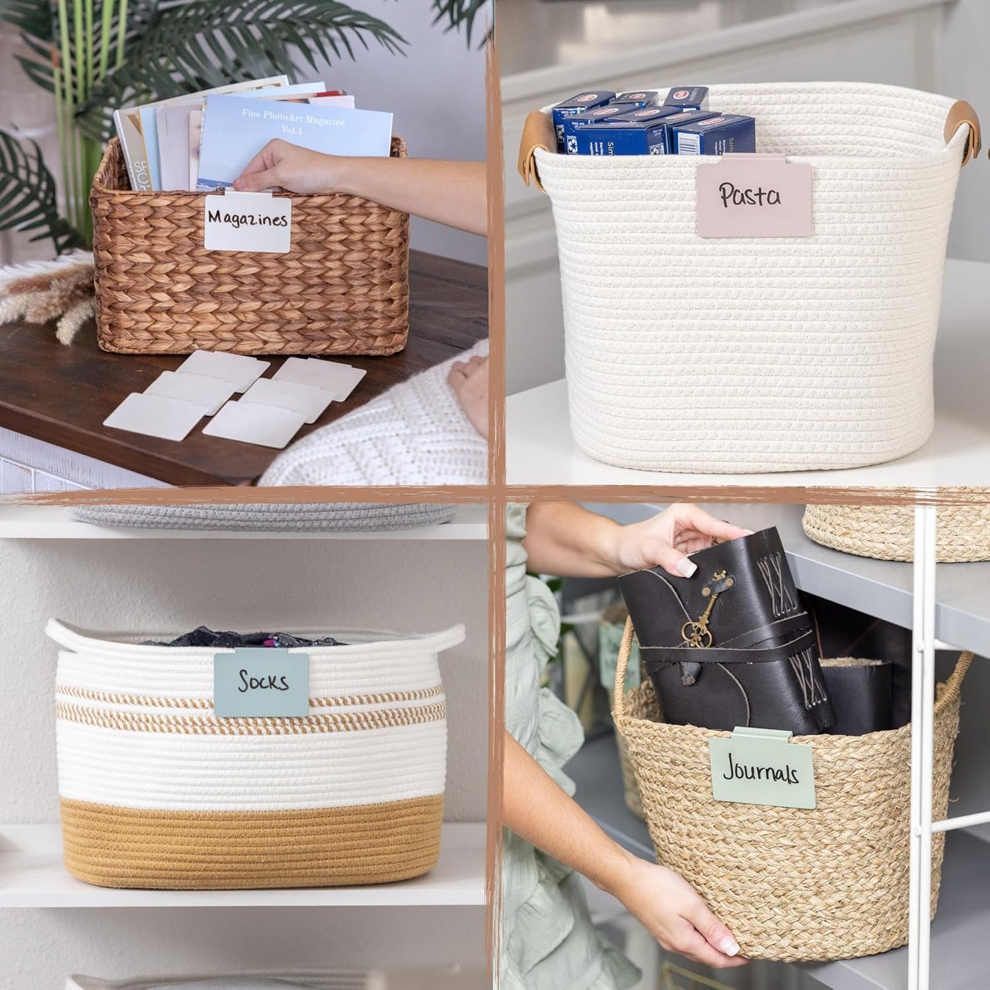 Hygge & Sage: Metal Non-Slip Basket Labels Clip On for Storage Bins, or Wire Racks | Includes 8 Labels, 8 Non-Slip Pads, and 1 Free Marker (Cream)