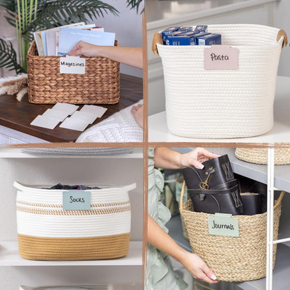 Hygge & Sage: Metal Non-Slip Basket Labels Clip On for Storage Bins, or Wire Racks | Includes 8 Labels, 8 Non-Slip Pads, and 1 Free Marker (Cream)