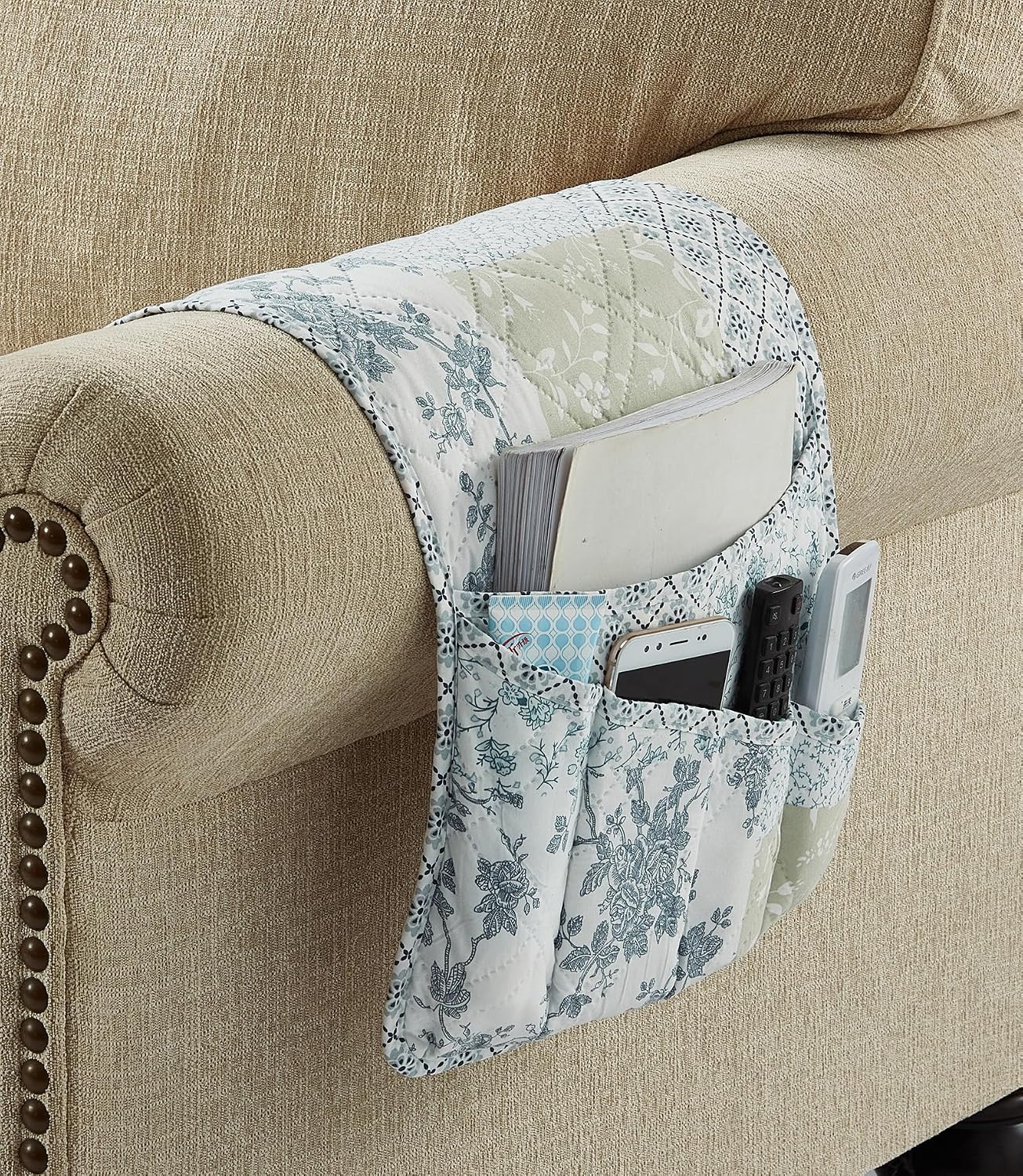 Brilliant Sunshine Burgundy Toile Floral Couch Armrest Cover, 35"×13" | Washable Magazine Holder, Armrest Organizer & Caddy on Sofa, Recliner, Armchair, Storage for Remote Controls, Phone, iPad