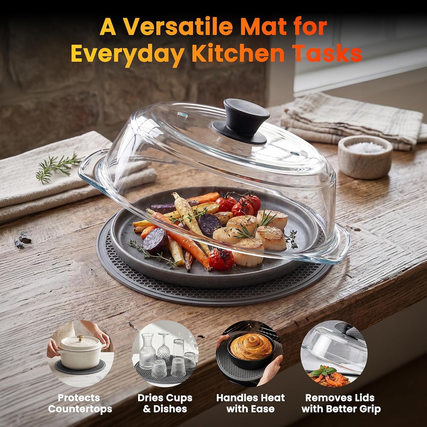 2 in 1 Glass Microwave Splatter Cover,Glass Microwave Cover,10 In | Glass microwave cover for food with vent holes,Easy-grip silicone knob,Doubles as a microwave mat,No plastic