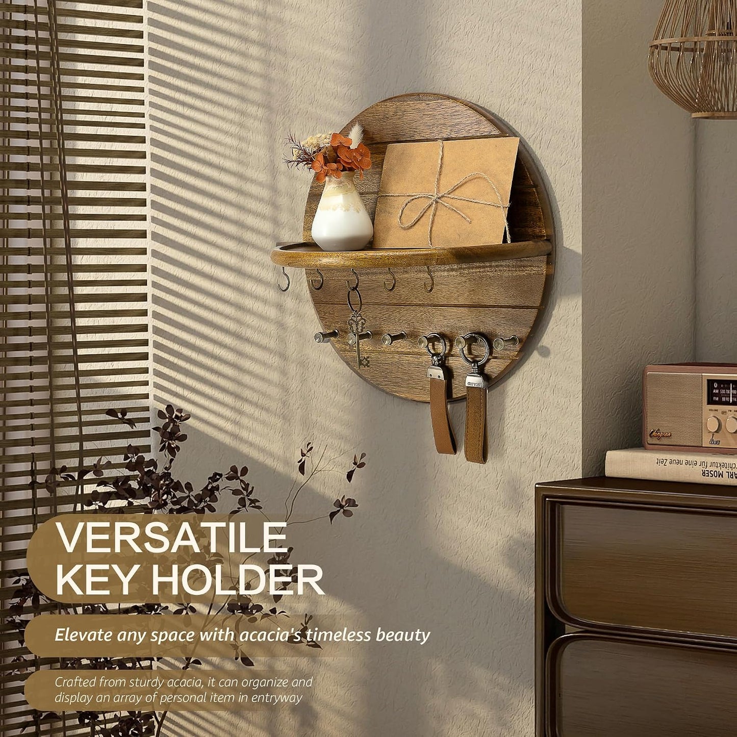 Rebee Vision Pine Wood Round Key Holder Wall Mount for Home Decor, Brown | Round Corner, Key Hooks for Dog leashes & Sunglasses, Display Shelf for Plant & Letters, Mail Organizer, Home Essentials