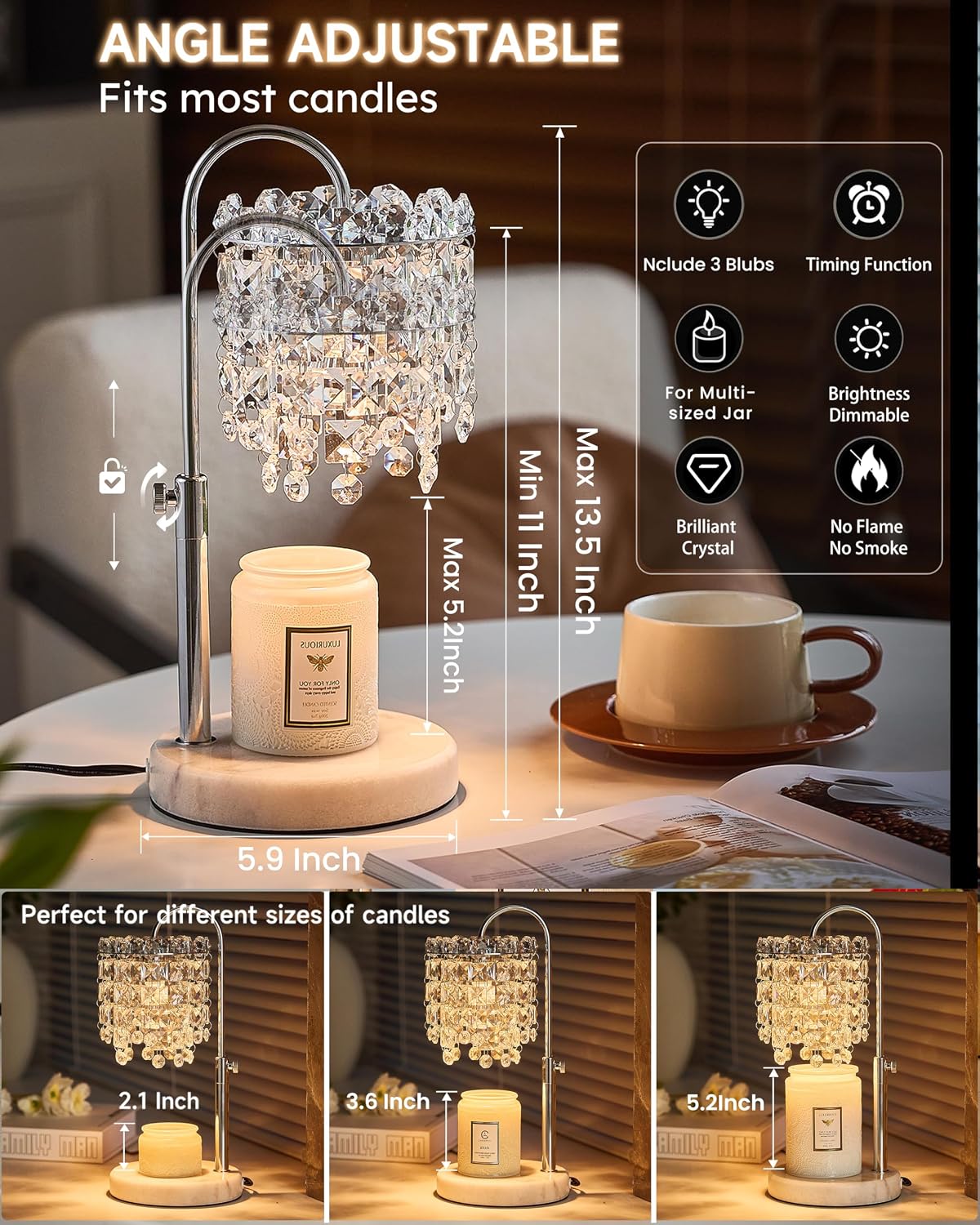 Candle Warmer Lamp with Timer Dimmer Adjustable Height Candle Warmer with Marble Base for Jar Candles,Candle Lamp with 3 Bulbs for New Home Decor, Women Mom Christmas Birthday Gifts, French Gold