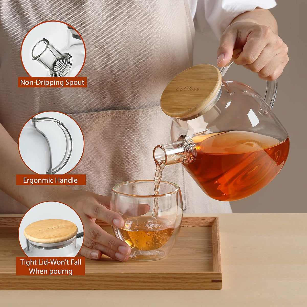 CnGlass Glass Teapot Stovetop Safe,30.4oz Clear Tea pot with Removable Filter Spout,Loose Leaf and Blooming Tea Maker