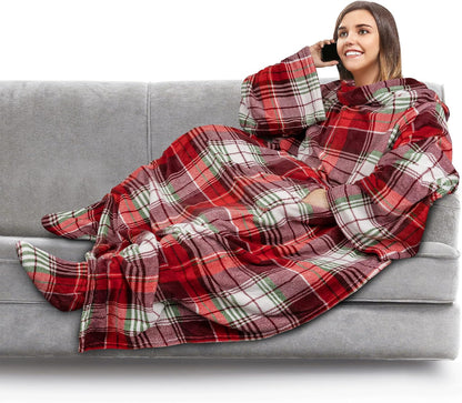 PAVILIA Fleece Blanket with Sleeves and Foot Pockets Women Men, Dark Purple