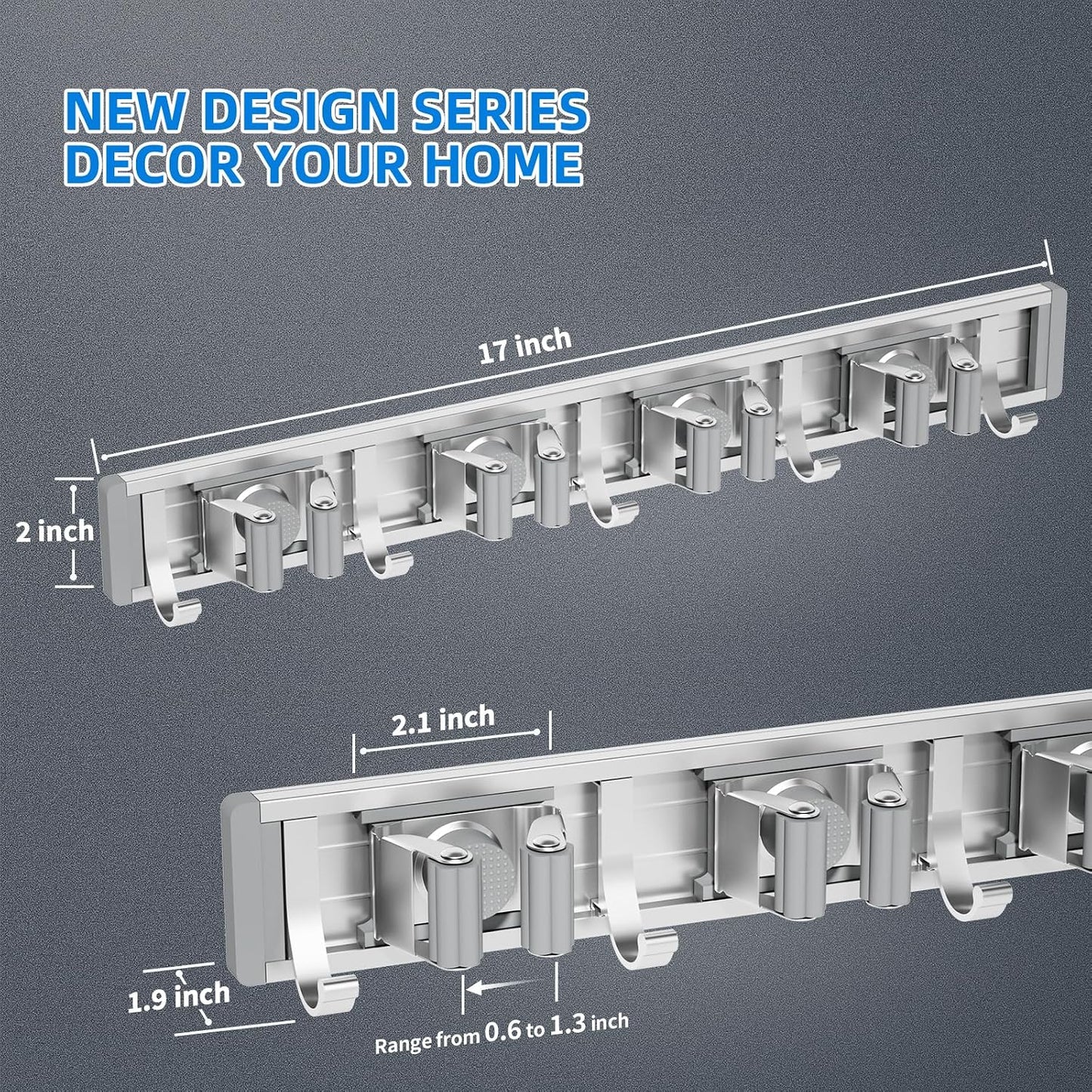 reliahom Broom Holder Wall Mount Mop Hanger Tools organizer 5Racks 4Hooks | Adjustable Mop Broom Wall Hanging Heavy duty Tools Storage Rack Space-saving for Garage,Kitchen,Laundry Room,Garden, Silver