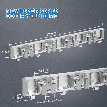 reliahom Broom Holder Wall Mount Mop Hanger Tools organizer 5Racks 4Hooks | Adjustable Mop Broom Wall Hanging Heavy duty Tools Storage Rack Space-saving for Garage,Kitchen,Laundry Room,Garden, Silver