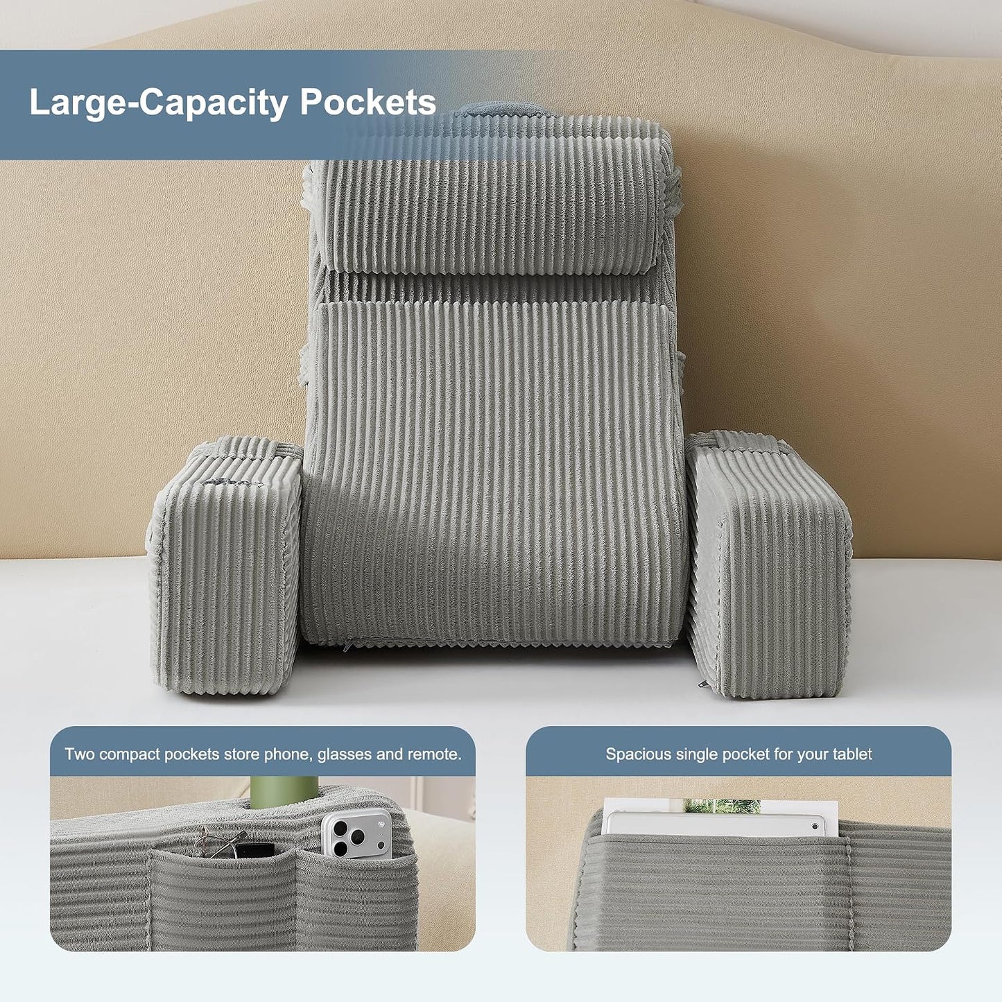 Reading Pillow for Bed with Adjustable Armrests and Side Pockets, Back Pillow for Bed Sitting Up, Sit Up Pillow, and Bed Pillows for Sitting Up, Ideal for Reading, Watching TV and Relaxing, Light Gray