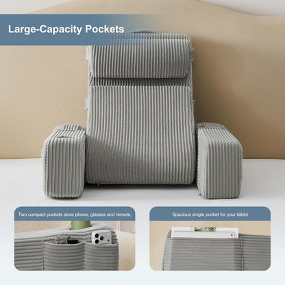Reading Pillow for Bed with Adjustable Armrests and Side Pockets, Back Pillow for Bed Sitting Up, Sit Up Pillow, and Bed Pillows for Sitting Up, Ideal for Reading, Watching TV and Relaxing, Light Gray