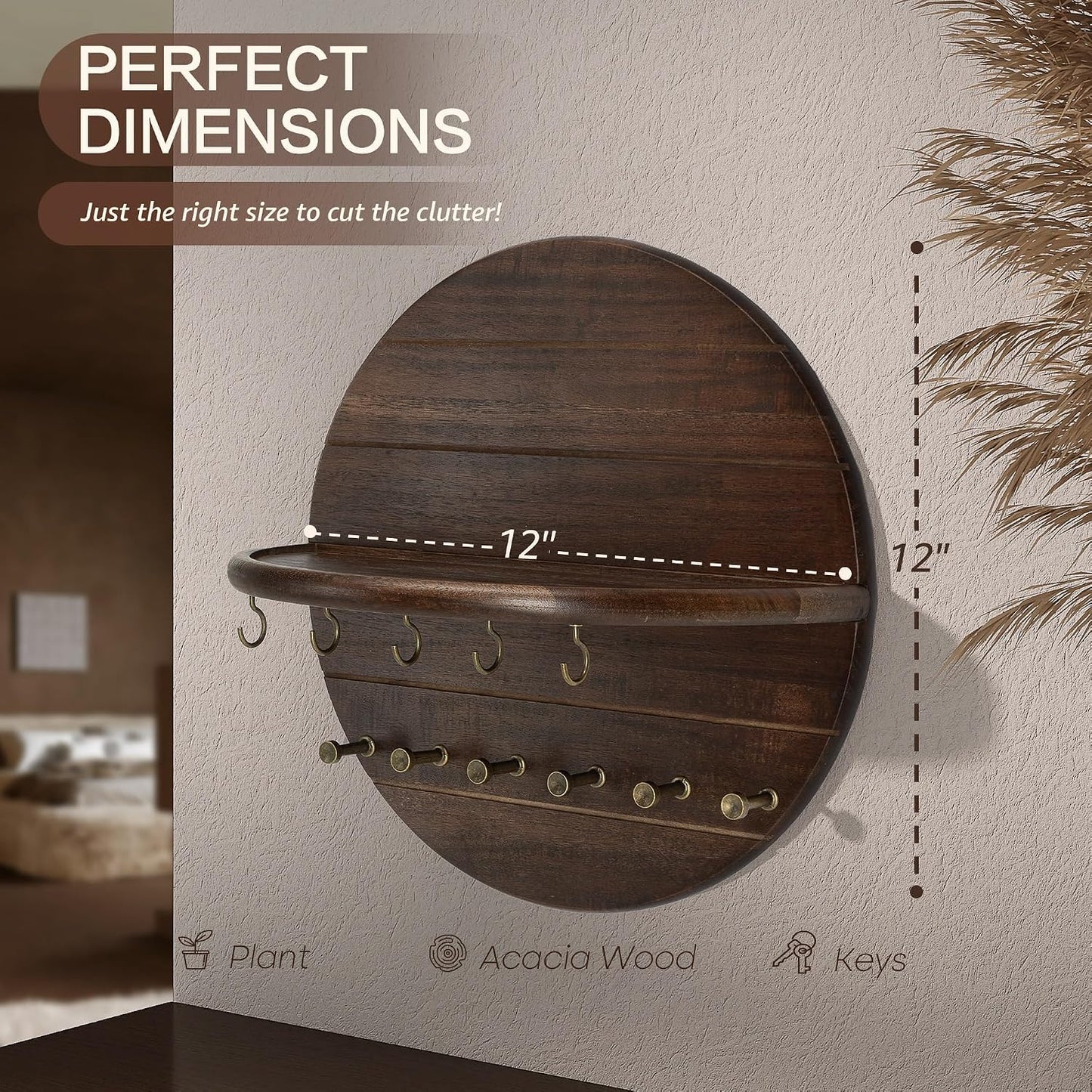 Rebee Vision Pine Wood Round Key Holder Wall Mount for Home Decor, Brown | Round Corner, Key Hooks for Dog leashes & Sunglasses, Display Shelf for Plant & Letters, Mail Organizer, Home Essentials
