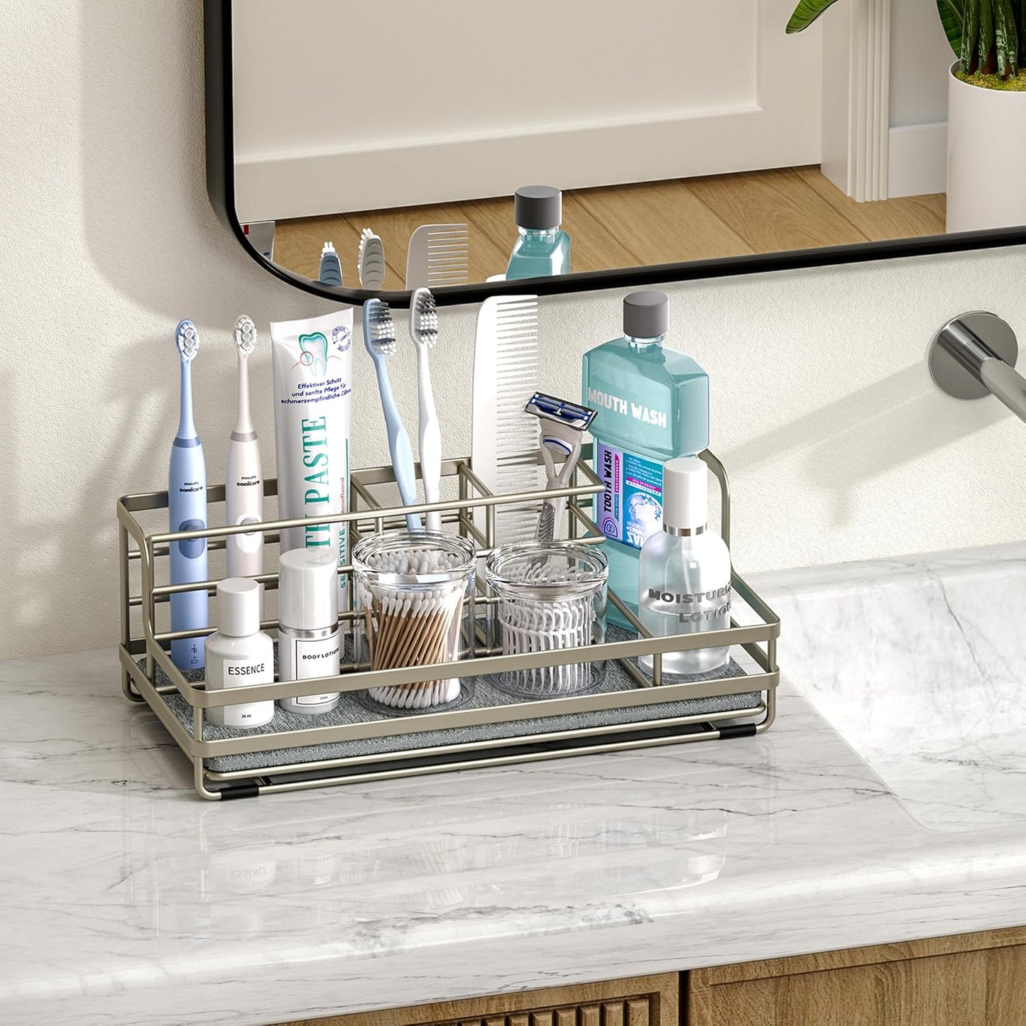 HapiRm Toothbrush Holders for Bathroom - 5 Partitions Bathroom Counter Organizer with Instant Drying Stone, Stainless Steel Countertop Storage Electric Toothbrush Toothpaste Holder - Black