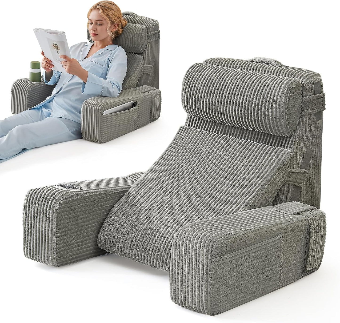 Reading Pillow for Bed with Adjustable Armrests and Side Pockets, Back Pillow for Bed Sitting Up, Sit Up Pillow, and Bed Pillows for Sitting Up, Ideal for Reading, Watching TV and Relaxing, Light Gray