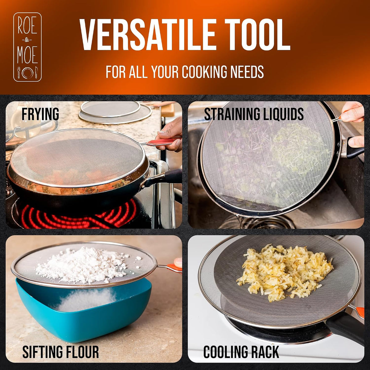 Roe & Moe Splatter Screens - Stainless Steel Splatter Screens for Frying Pan with Insulated Handles - Grease Splatter Guards For Frying Pan that Lets You Create Masterpieces with Ease (Pack of 3)